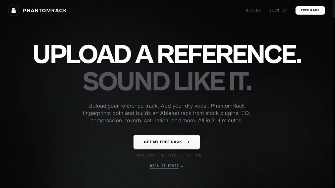 PhantomRack’s homepage introducing reference-based vocal effects racks for Ableton Live.