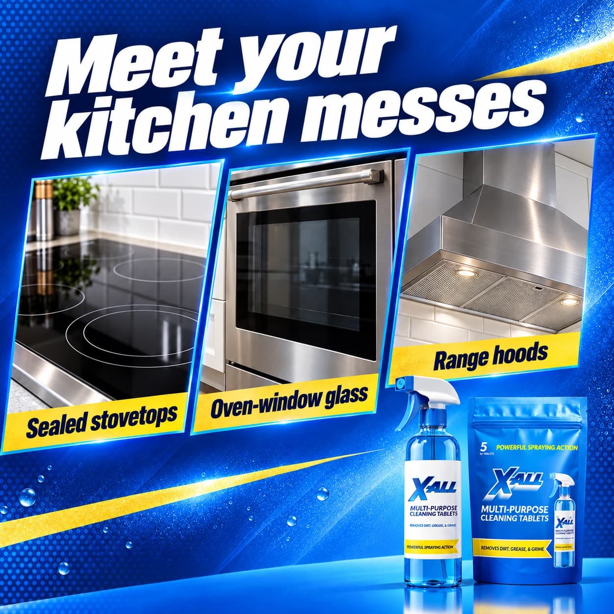 Three labeled image windows showing a sealed stovetop, oven-window glass, and a range hood.