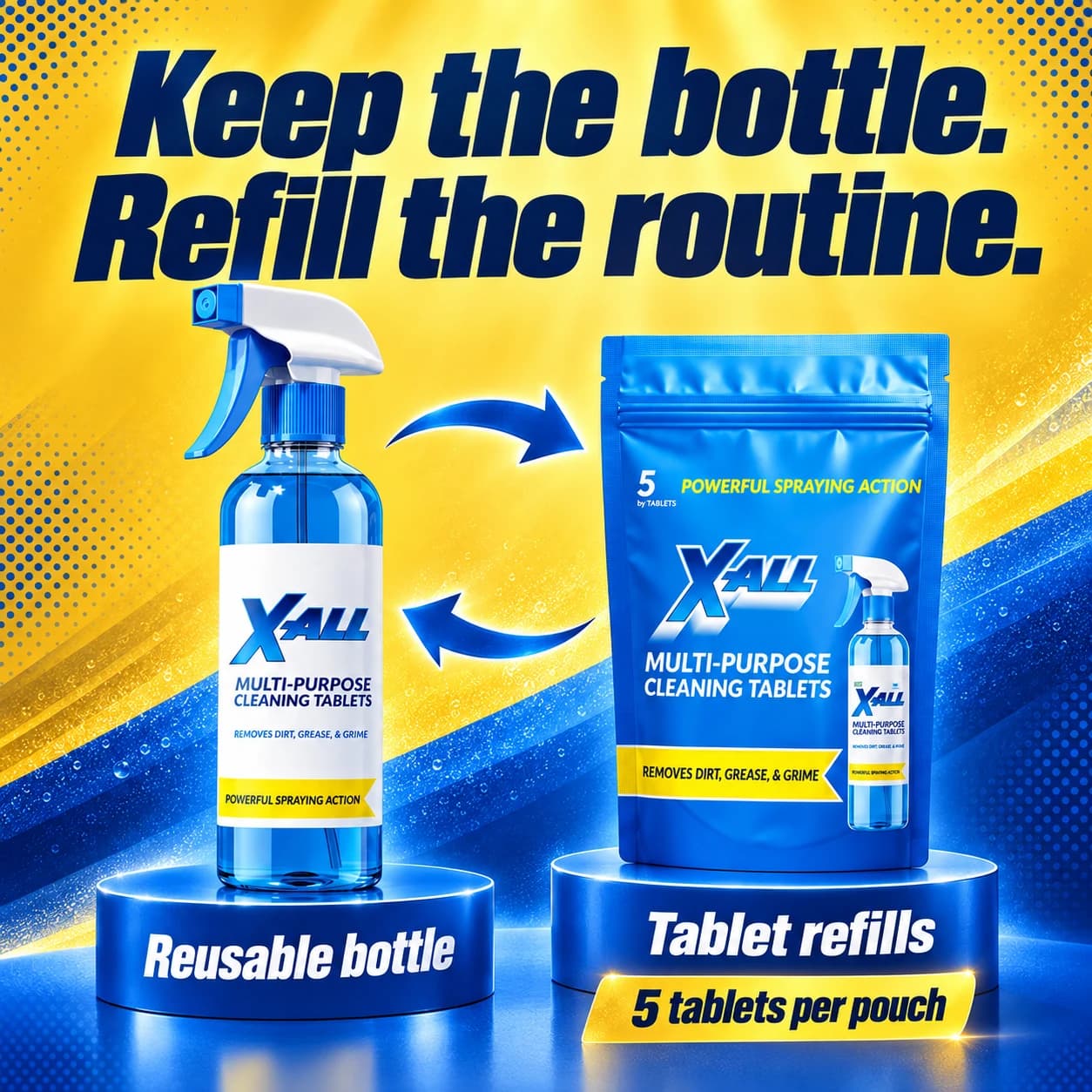 A reusable bottle and tablet pouch connected by blue arrows on a yellow background.