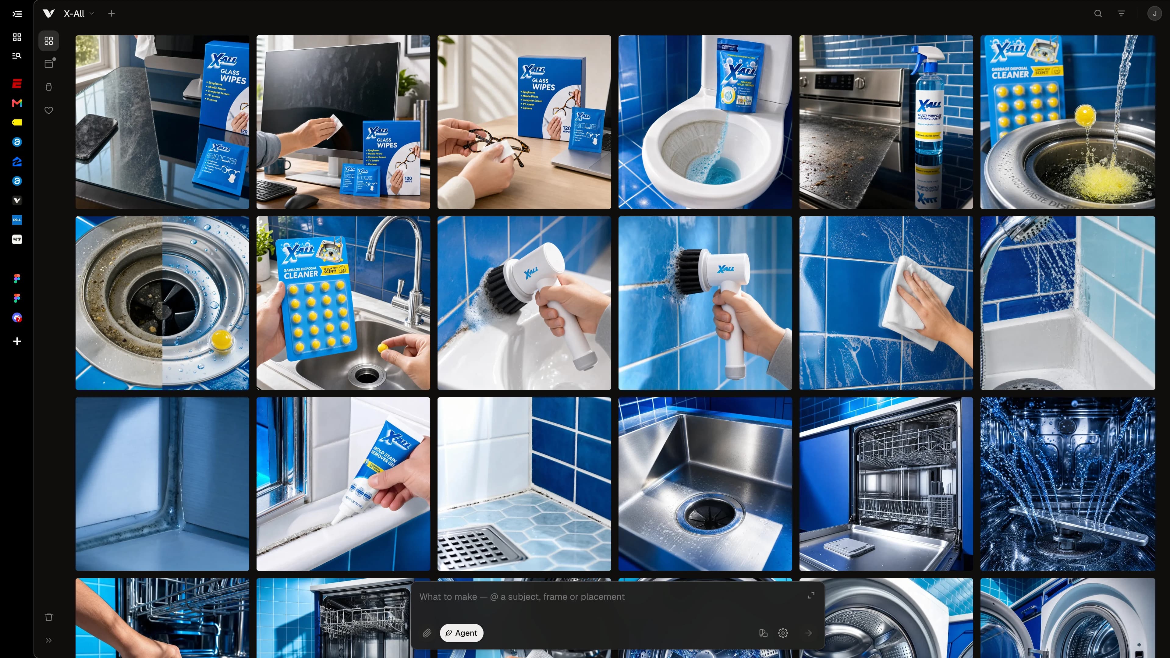 Vellum’s image workspace showing a grid of blue X-All product-image studies and the prompt composer.