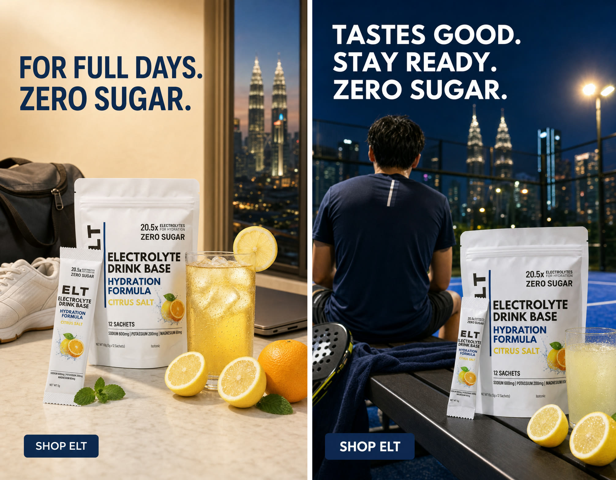The first pass used generated scenes with composited headlines and Shop ELT CTA buttons.