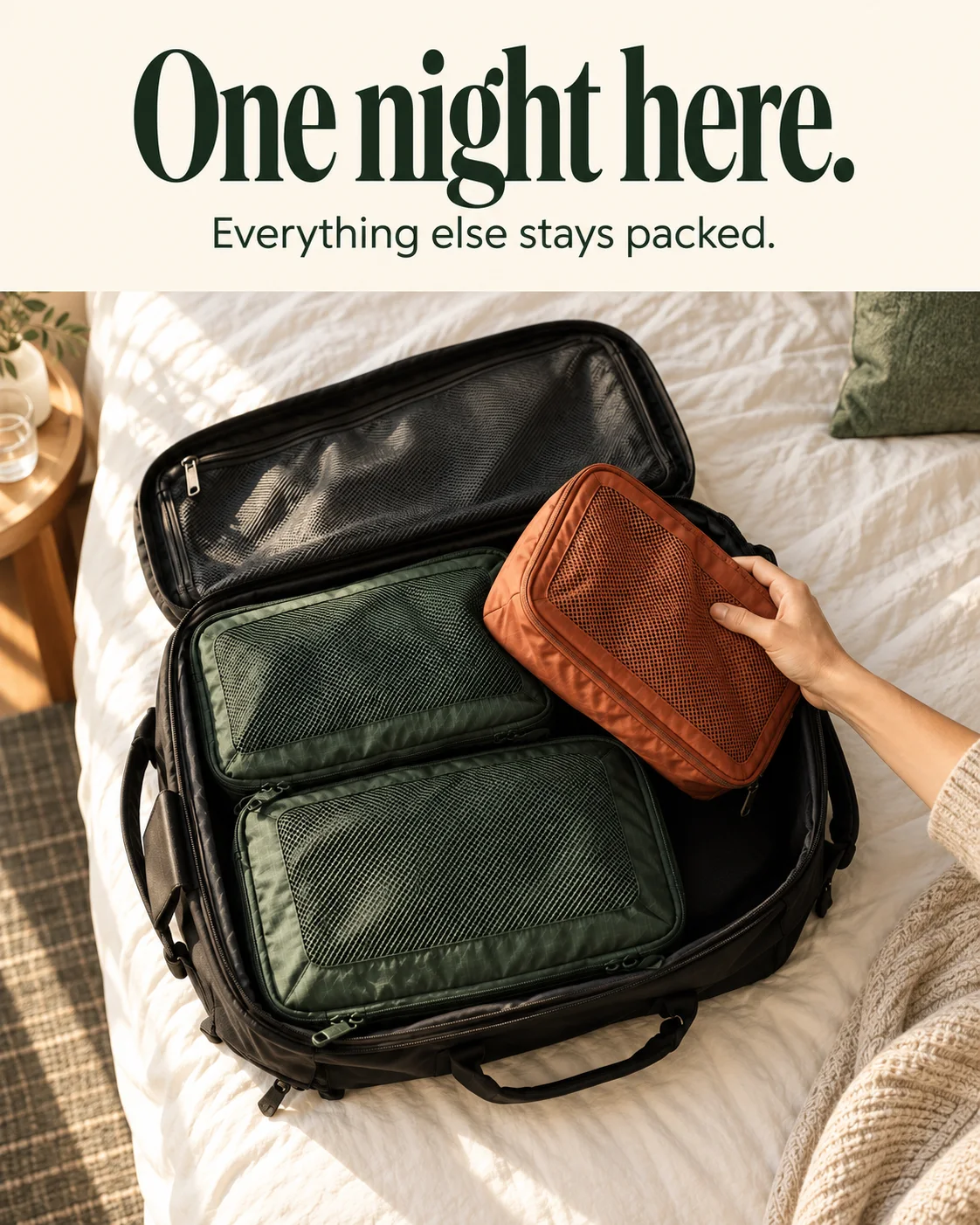 Concept A uses the overnight-stop situation. The orange cube makes the action visible while the rest of the bag stays packed.