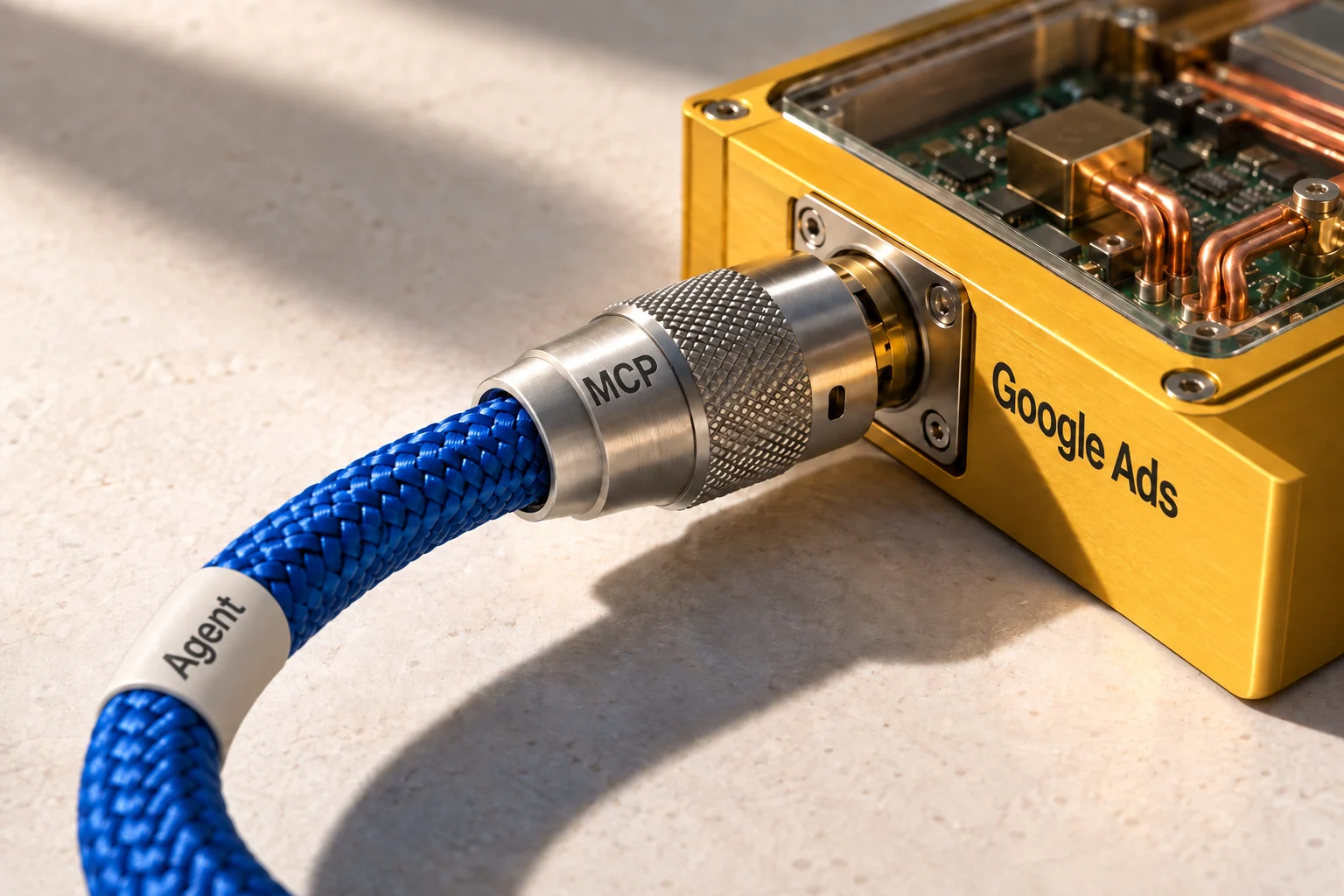 An illustrated connection from an agent, through an MCP server, to the Google Ads API. The physical objects are conceptual.