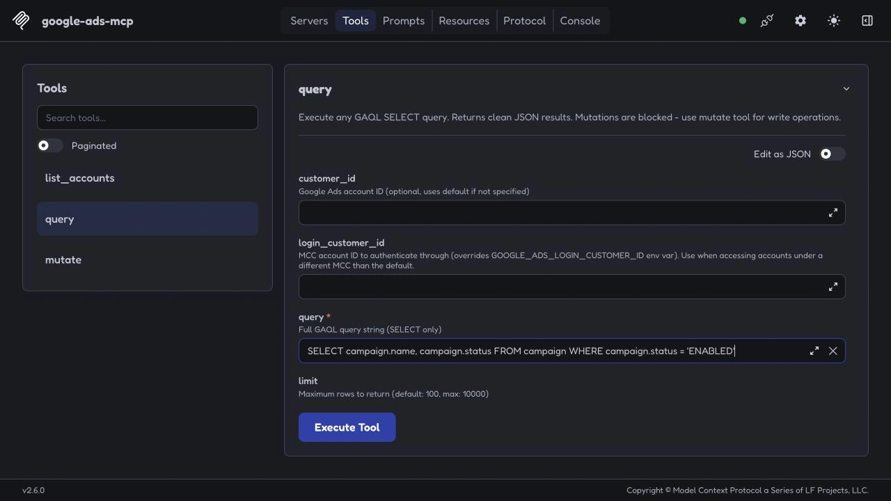 The three tools in MCP Inspector, a tool for inspecting MCP servers, shown in September 2026. The example query is for enabled campaigns; no account query was run.