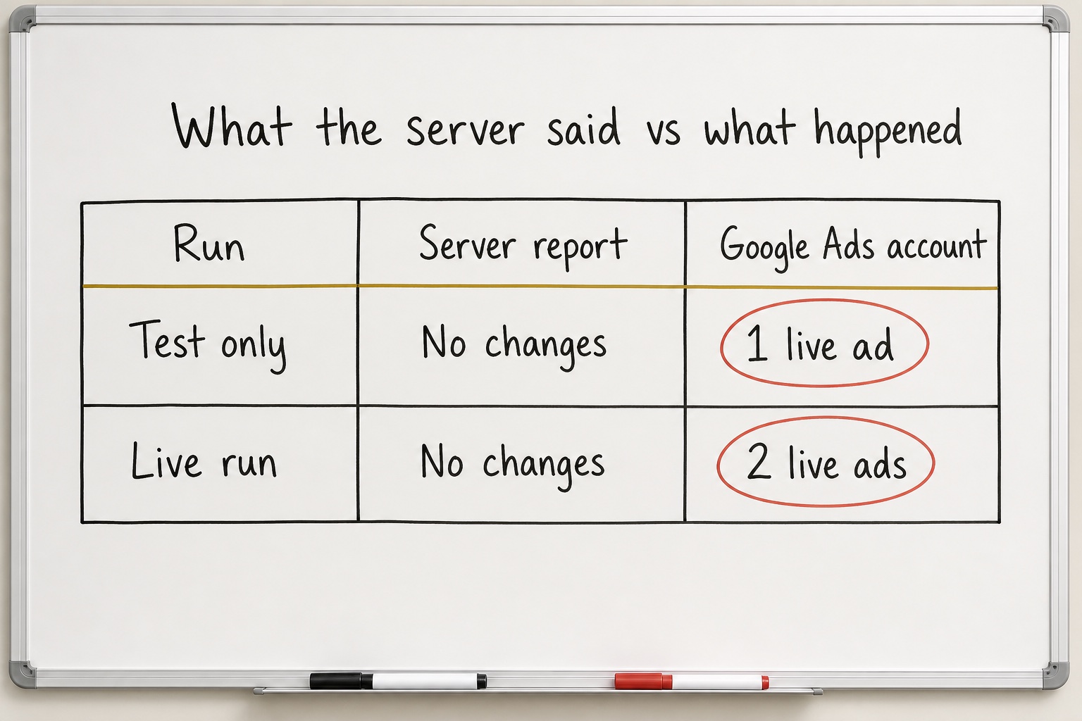 A whiteboard table compares two runs: the test reported no changes but created one live ad; the live run again reported no changes and left two live ads.