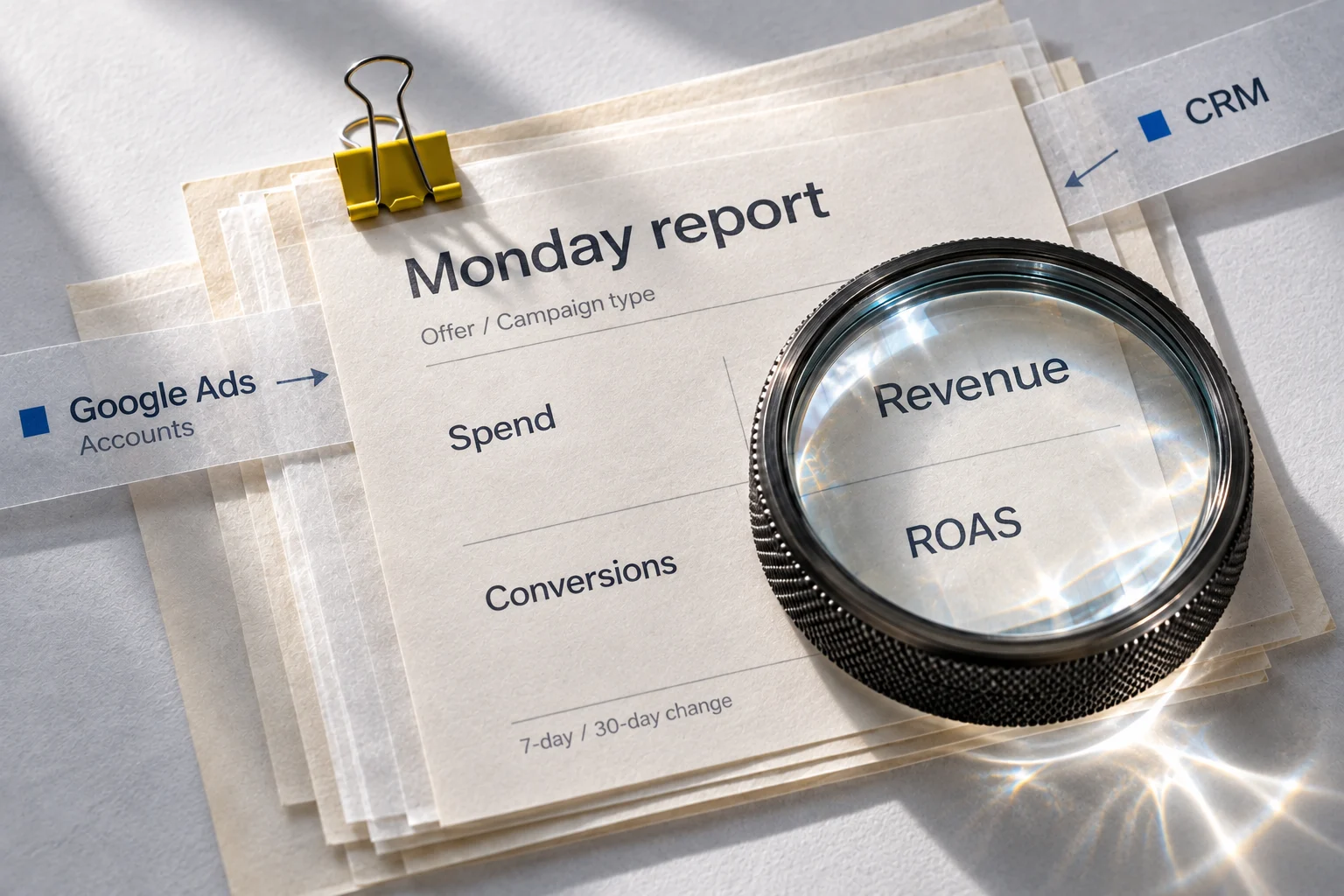 An illustrative Monday report combines Google Ads and CRM data by offer and campaign type. It shows the report’s structure, not client results.