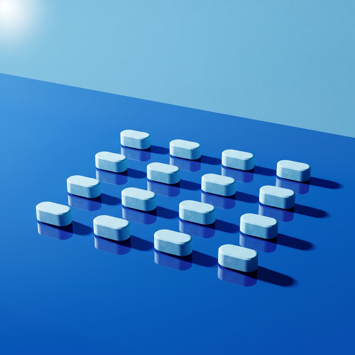 One of Flow's generated directions, a grid of white tablets under hard directional light