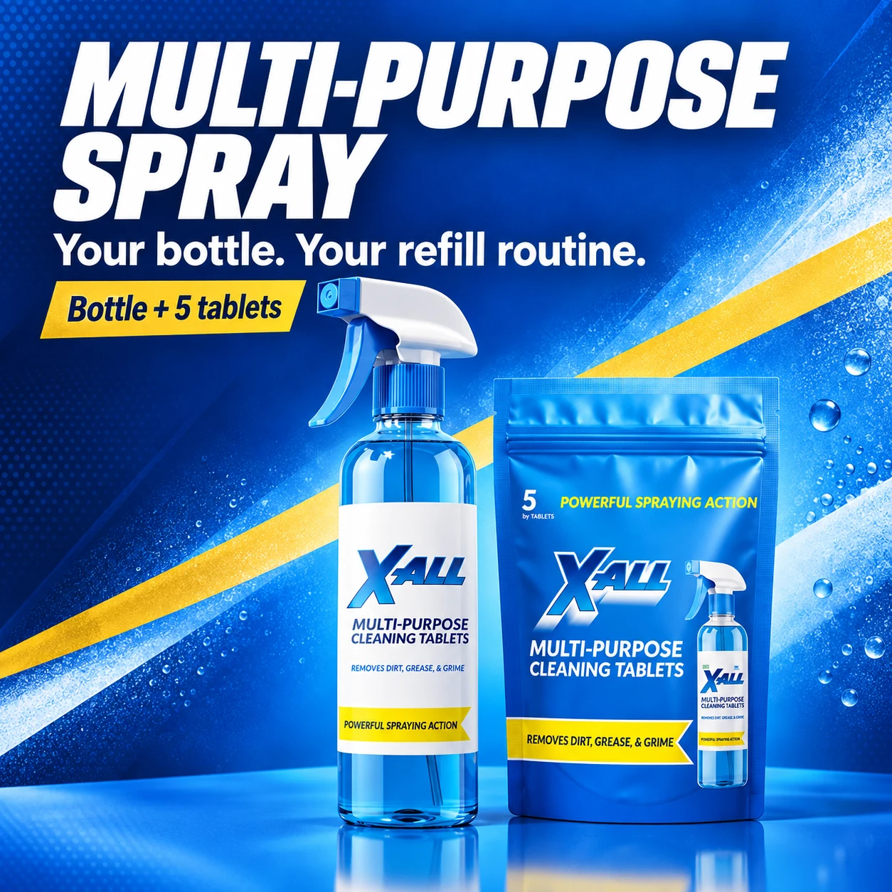 The first generated image: the bottle and pouch, a large white headline, and the blue-and-gold direction used across the set.